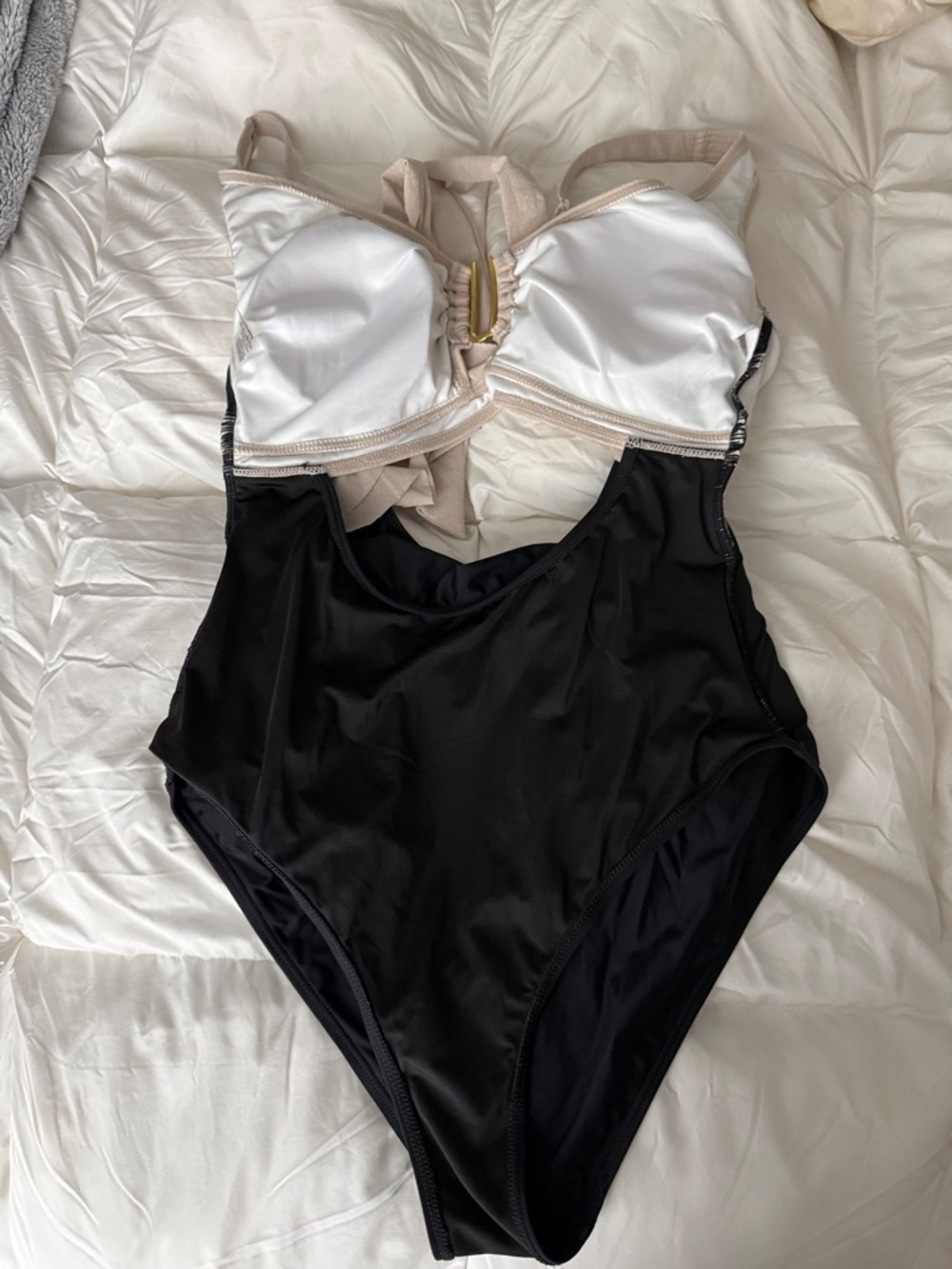 Two-Tone Ruffle One-Piece Swimsuit in Beige and Black - Picture 7 of 10